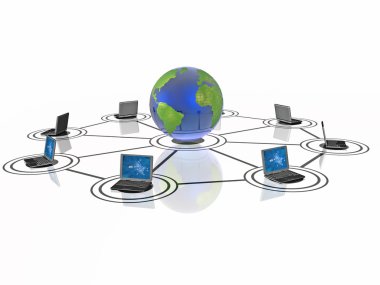 Network Kontrolü-dizüstü bilgisayarlar ve beyaz arka plan üzerinde Küre