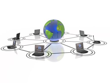 Network Kontrolü-dizüstü bilgisayarlar ve beyaz arka plan üzerinde Küre
