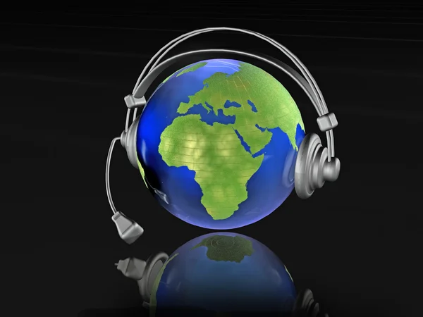 Globus mit Kopfhörer auf schwarzem Hintergrund — Stockfoto