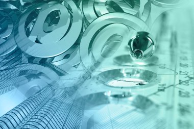 Binalar, posta işaretleri, grafik ve kalem finansal arka plan