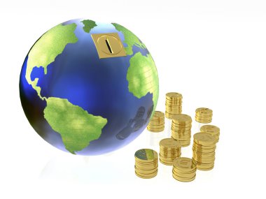 Beyaz arka plan üzerinde para kutu olarak dünya Küre