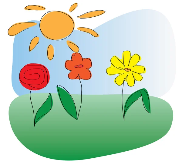 Fleurs sur un fond de ciel et de soleil — Image vectorielle