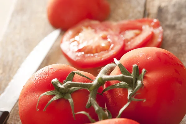Vista de cerca de los suculentos tomates rojos en la vid — Foto de Stock