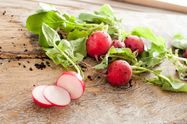 Het Snijden Van Een Boerderij Verse Bos Radijs Voor Salade — Stockfoto