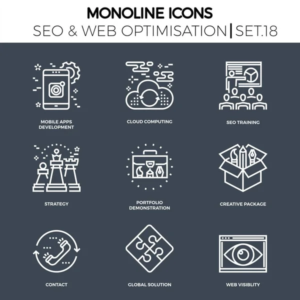 Conjunto Iconos Línea Con Diseño Plano Seo Desarrollo Aplicaciones Móviles — Archivo Imágenes Vectoriales