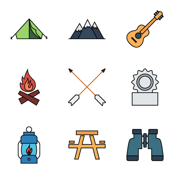 Set di icone vettoriali piatte da campeggio — Vettoriale Stock