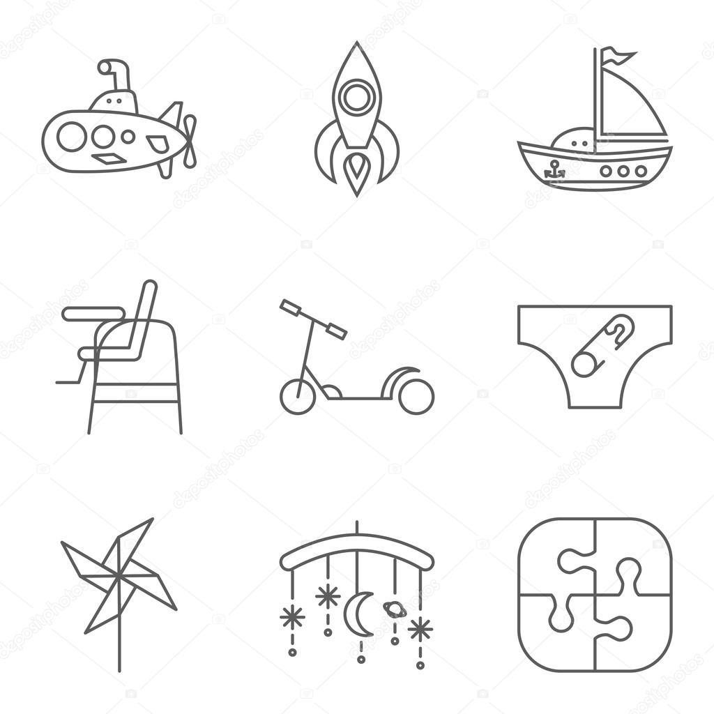 Baby thin line related vector icon setfor web and mobile applications. Set includes - submarine, rocket, ship, highchair, scooter, diapers, whirligig, carousel, puzzle. It can be used as - logo