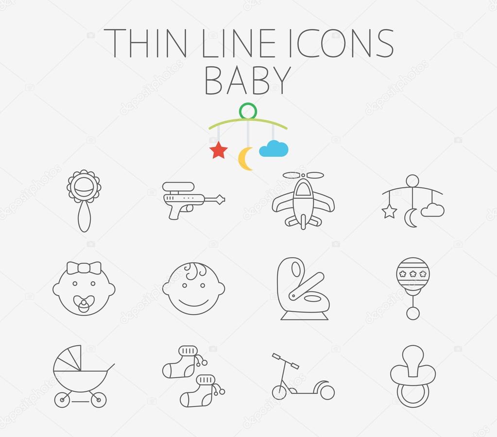 Baby icon related flat vector for web and mobile applications. Set includes - gun, car seat, nipple, airplane, rattle, crib toy, boy, baby girl, pram, socks, scooter. Pictogram, infographic element