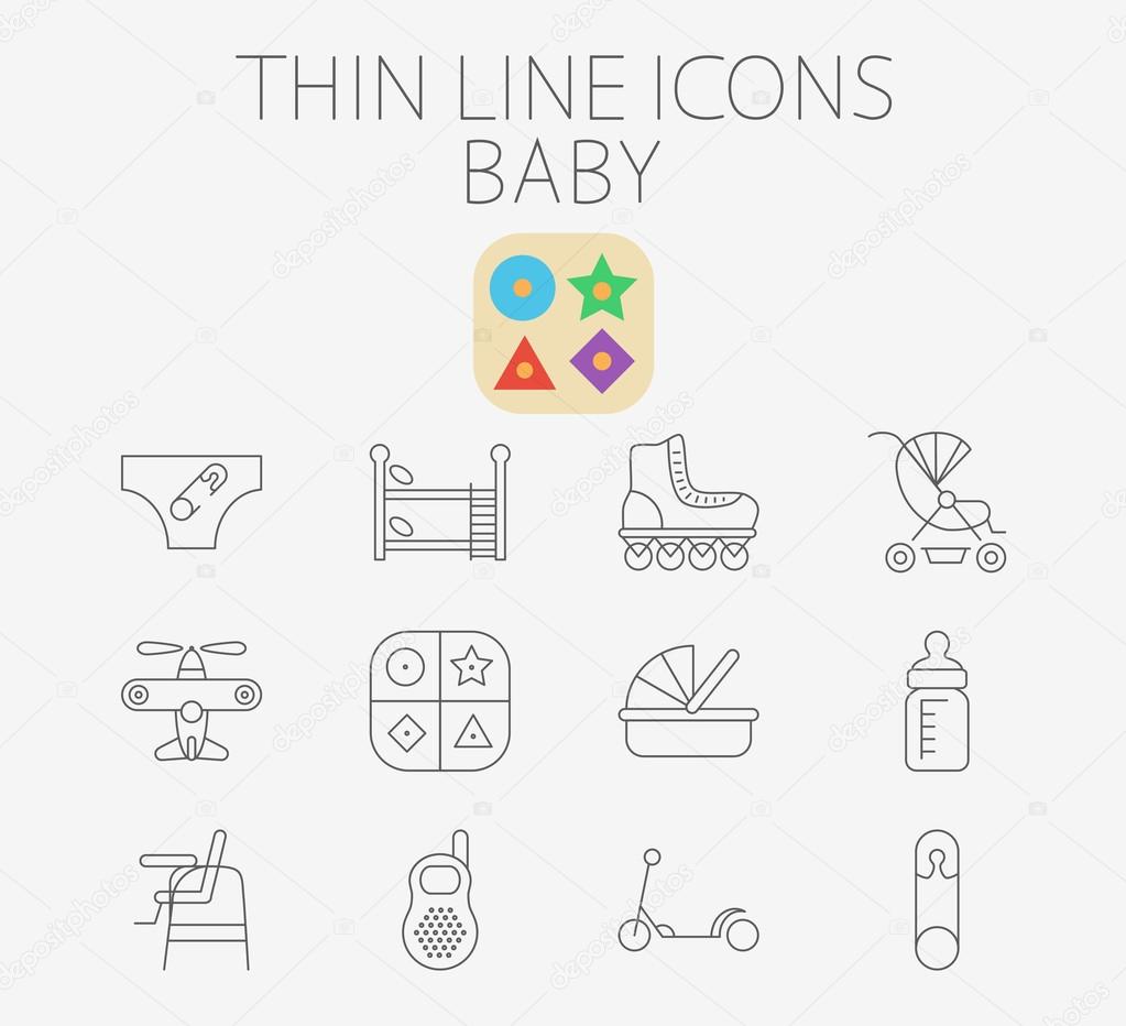Baby icon related flat vector for web and mobile. Set includes - pin, airplane, crib, pram, scooter, diapers, bunk bed, roller skate, educational game, feeding bottle, chair for babies, baby monitor