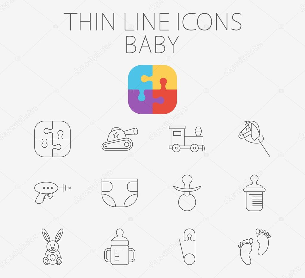 Baby icon related flat vector for web and mobile applications. Set includes - pin, diapers, feeding bottle, puzzle, tank, train, horse, gun, footprint, rabbit, nipple. Pictogram, infographic element