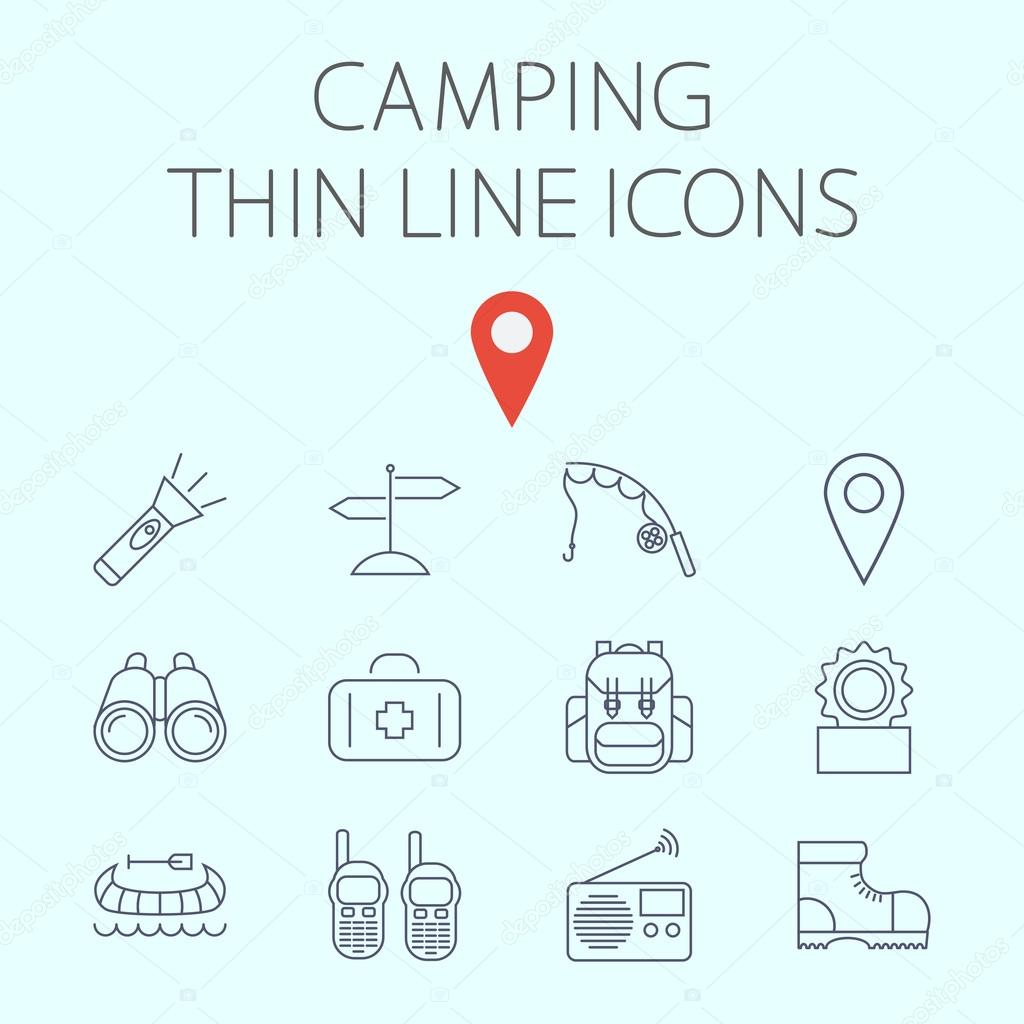 Camping icon related flat vector for web and mobile applications. Set includes - binoculars, map pin, kayak, flashlight, signpost, fishing rod, first aid, backpack, canned food, portable radio, shoes