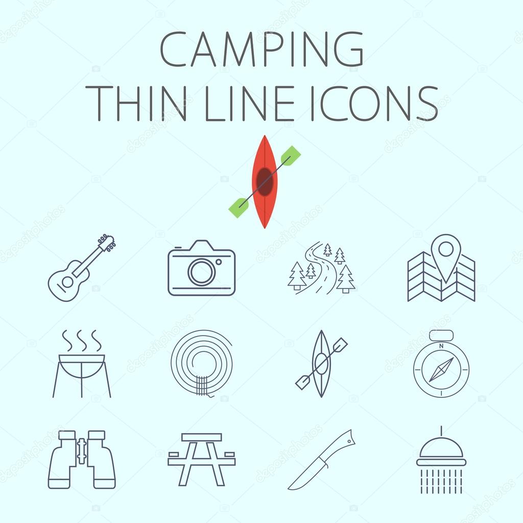 Camping icon related flat vector for web and mobile applications. Set includes - binoculars, guitar, cam, road, map pin, BBQ, rope, kayak, compass, table, knife, shower. Pictogram, infographic element