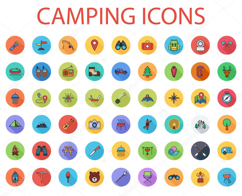 Camping flat vector icon set