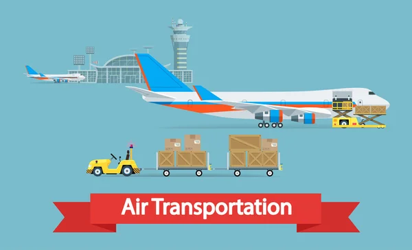 Concepto de transporte aéreo de carga. Ilustración de estilo plano . — Vector de stock