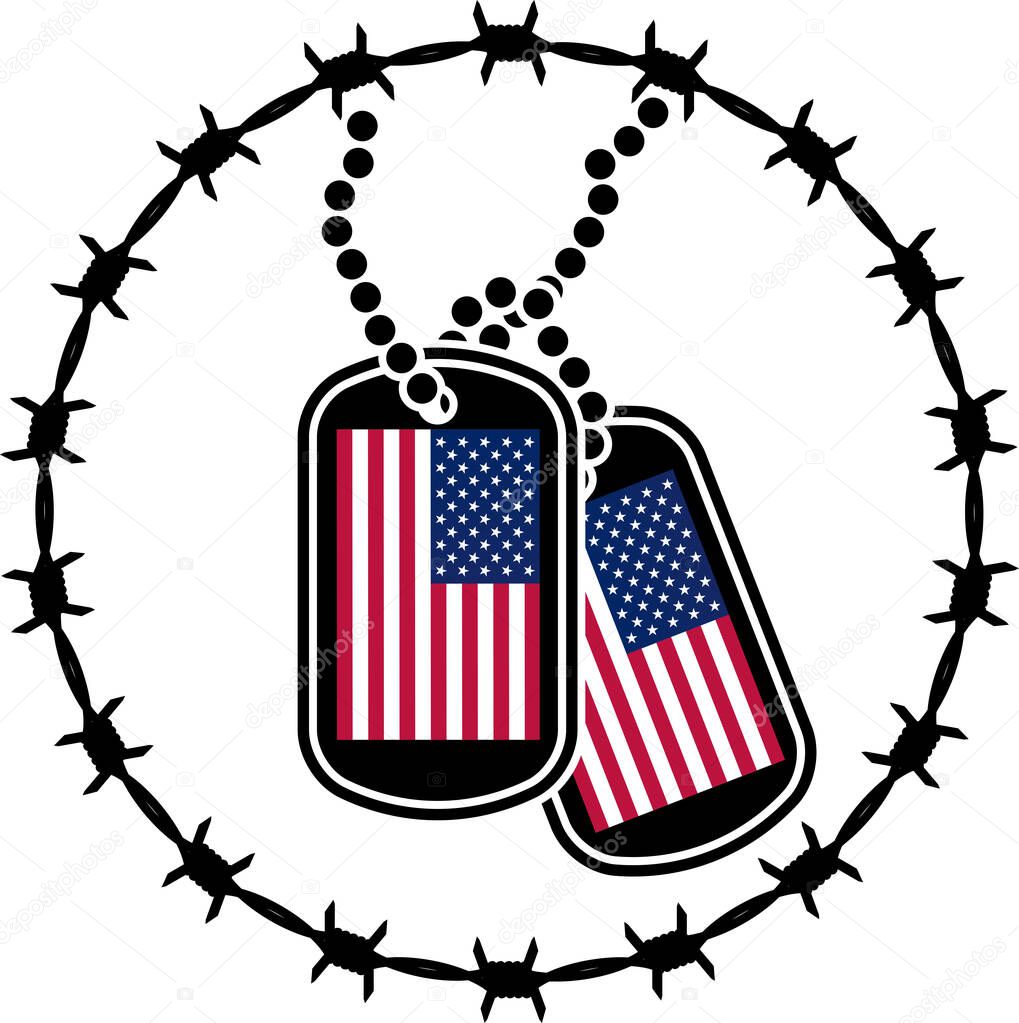 dog tags, barbed wire and usa flags