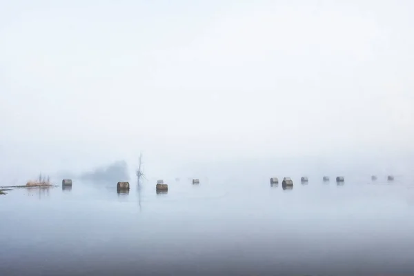 Сено Рулоны Воде Утренний Туман — стоковое фото