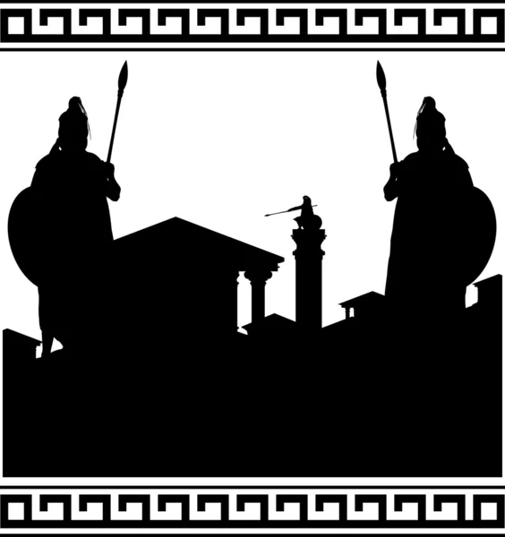 Silhouette of ancient city and guardians — Stock Vector