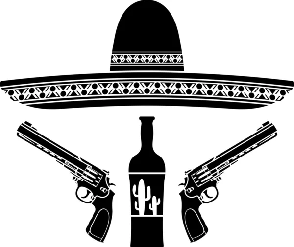 Tequila, Sombrero und zwei Pistolen — Stockvektor