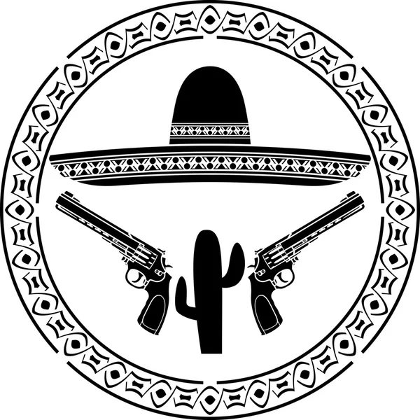 Estêncil de sombrero mexicano e duas pistolas — Vetor de Stock