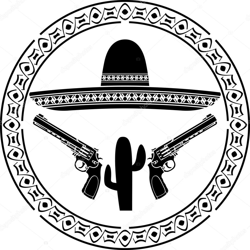 stencil of mexican sombrero and two pistols