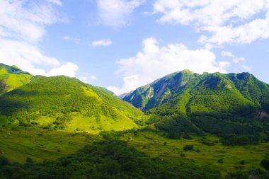 Bezengi köyünün yakınındaki Cherek-Bezengi nehrinin yeşil geçidi.