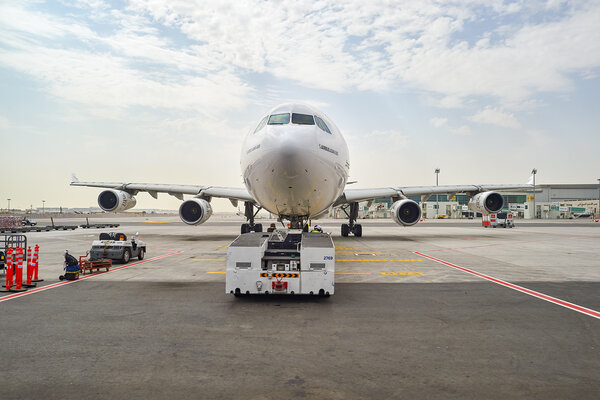 Jet aircraft docked in Dubai airport
