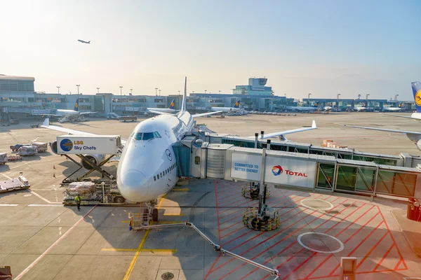 Lufthansa aircraft docked in Frankfurt Airport — Stock Photo, Image