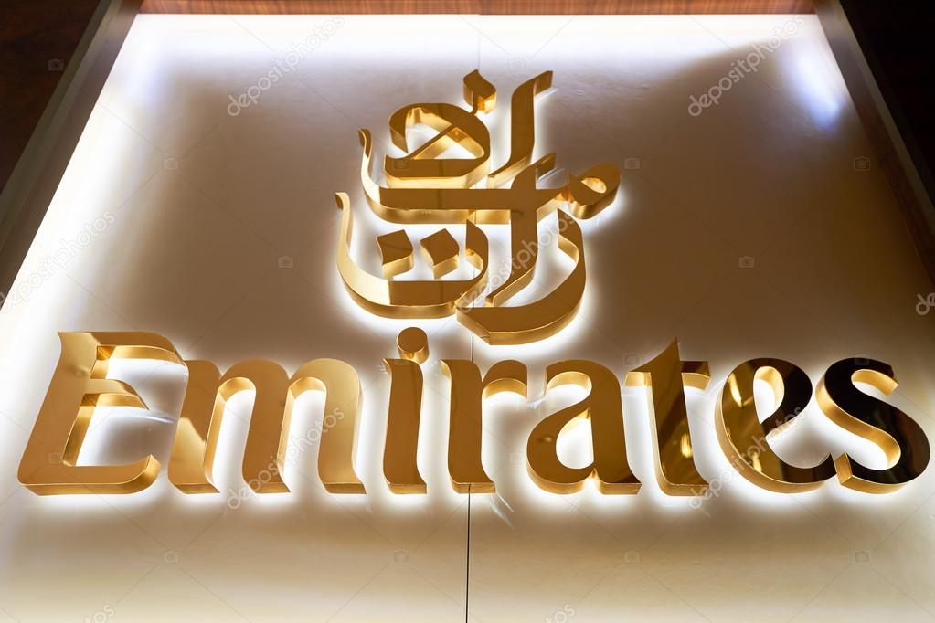 DUBAI, UAE - MARCH 09, 2016: close up shot of Emirates logo. Emirates is the largest airline in the Middle East. It is an airline based in Dubai, United Arab Emirates.