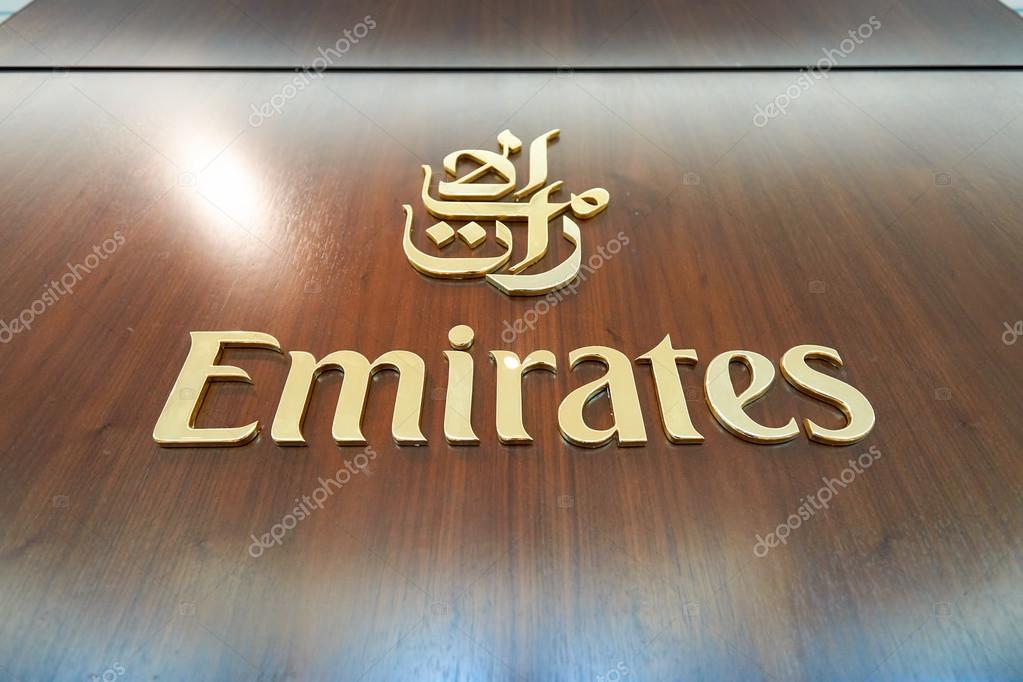 DUBAI, UAE - MARCH 09, 2016: close up shot of Emirates logo. Emirates is the largest airline in the Middle East. It is an airline based in Dubai, United Arab Emirates.