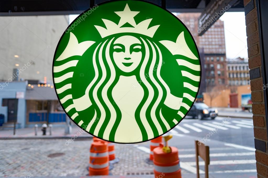 NEW YORK, USA - CIRCA MARCH 2016: logo of Starbucks Cafe. Starbucks Corporation is an American global coffee company and coffeehouse chain based in Seattle, Washington
