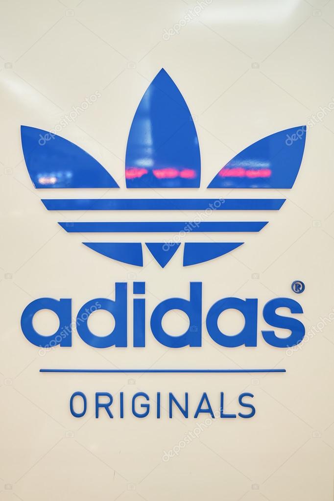KUALA LUMPUR, MALAYSIA - MAY 09, 2016: close up shot of logo in Adidas store in Suria KLCC. Suria KLCC is a shopping mall is located in the Kuala Lumpur City Centre district. It is in the vicinity of the landmark the Petronas Towers.
