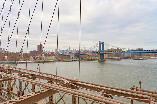NEW YORK, USA - CIRCA MARCH, 2016: view from the pedestrian walkway of the Brooklyn Bridge. The Brooklyn Bridge is connects the boroughs of Manhattan and Brooklyn by spanning the East River.