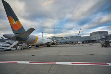 FRANKFURT AM MAIN, GERMANY - CIRCA JANUARY, 2020: Boeing 767 operated by Condor Airlines at Frankfurt am Main Airport apron. clipart