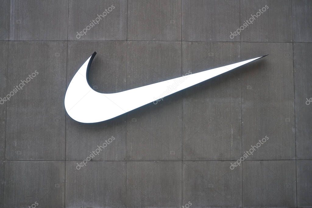 SHENZHEN, CHINA - CIRCA APRIL, 2019: close up shot of Nike sign seen at UpperHills in Shenzhen.
