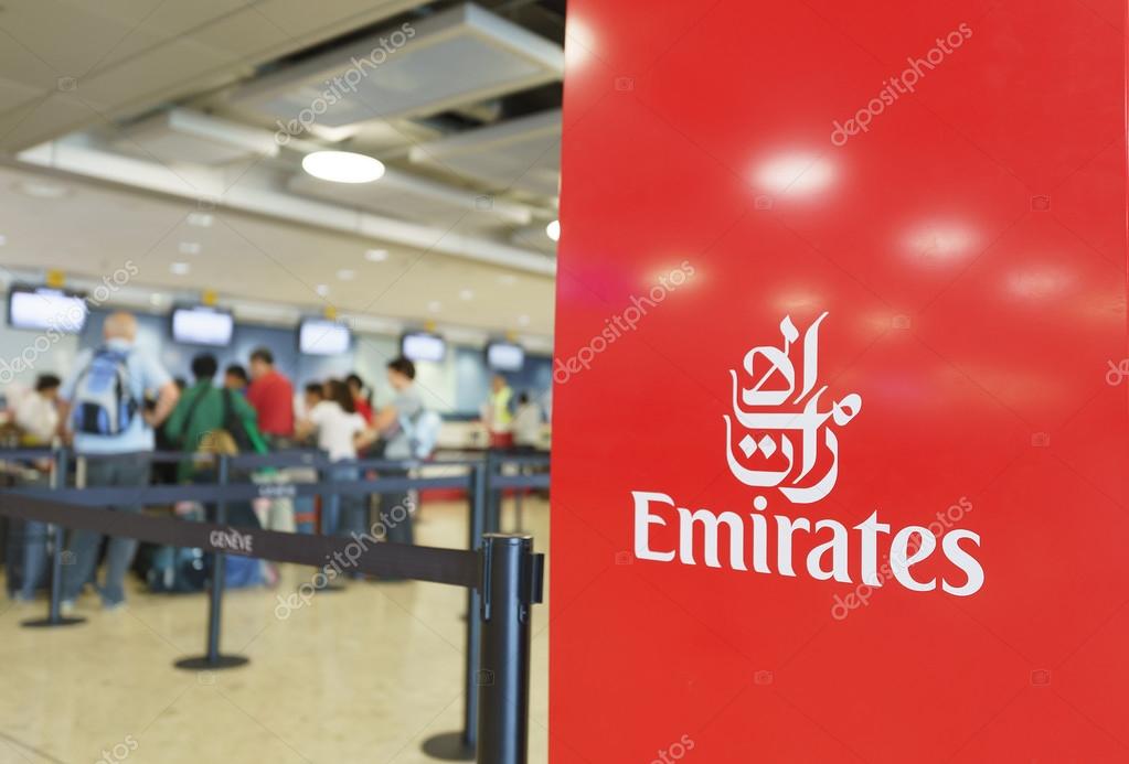 GENEVA - SEP 16: Emirates check-in area on September 16, 2014 in Geneva, Switzerland. Emirates is the flag carrier of the United Arab Emirates along with Etihad Airways and is based in Dubai
