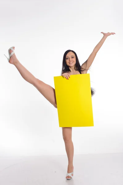 Woman hold yellow rectangle — Stock Photo, Image