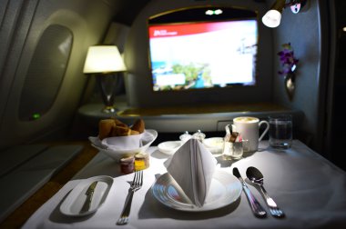 breakfast food in Emirates Airbus A380 interior.