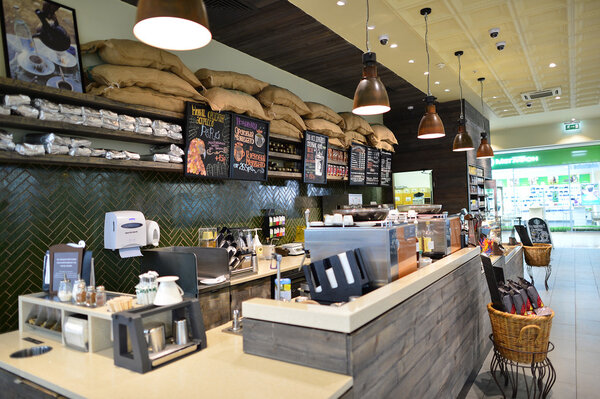 MOSCOW, RUSSIA - MARCH 28, 2015: Starbucks Cafe interior. Starbucks Corporation is an American global coffee company and coffeehouse chain based in Seattle, Washington