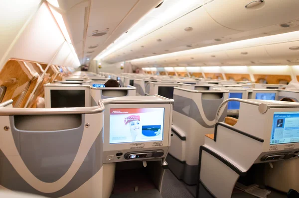 Display in aircraft interior of Emirates Airbus — Stok fotoğraf