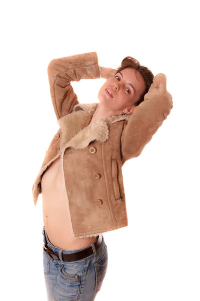 Studio Portrait Girl Sheepskin Coat — Stock Photo, Image