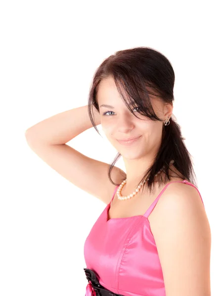 Retrato Uma Menina Vestido Rosa Fundo Branco — Fotografia de Stock