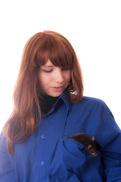 Fille Avec Petit Rat Dans Une Poche Chemise — Photo