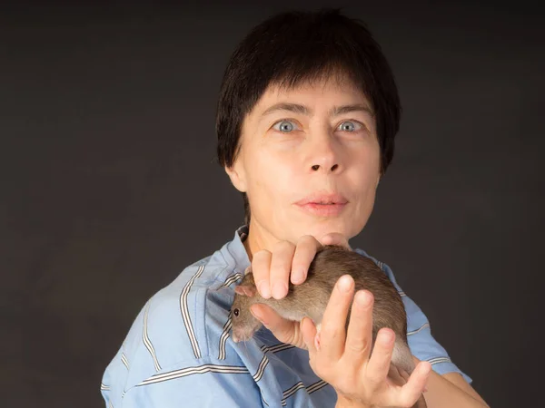 Studio Portrait Woman Brown Domestic Rat —  Fotos de Stock