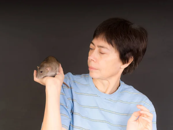 Portrait Woman Brown Domestic Rat Hand — Stock Photo, Image