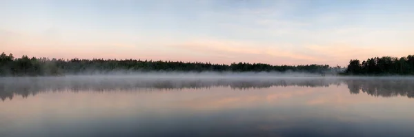 Panorama Forest Lake Morning Fog — Stock Photo, Image