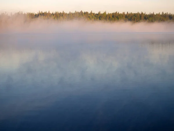 Paysage Estival Avec Brouillard Matinal Sur Lac Forestier — Photo