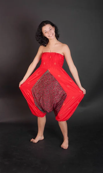 Studio Portrait Cheerful Girl Red Trousers — Stock Photo, Image