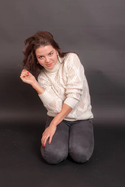 Studio Portrait Girl White Jumper Black Background — Stock Photo, Image