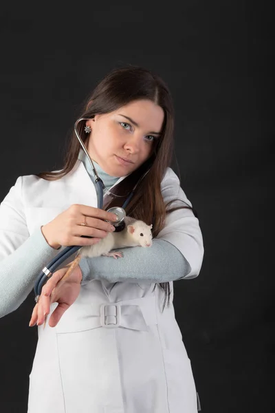 Retrato Estúdio Médico Fêmea Com Rato Doméstico — Fotografia de Stock