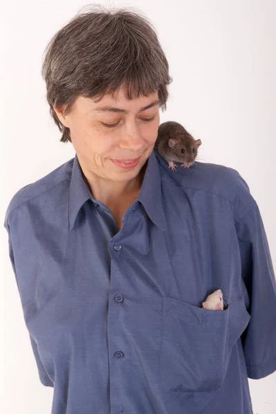 Portrait Femme Avec Deux Rats Domestiques — Photo